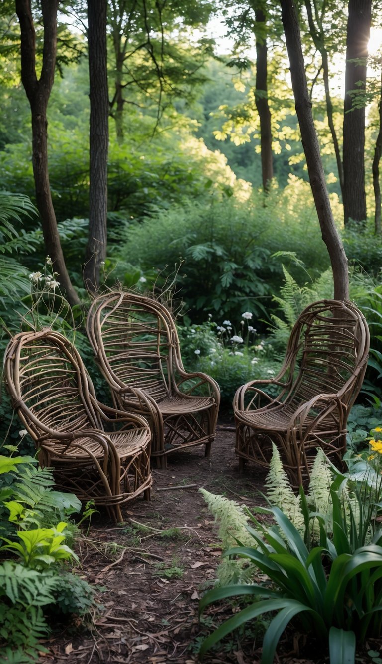 Rustic willow twig chairs and benches set in a woodland garden surrounded by trees and plants.