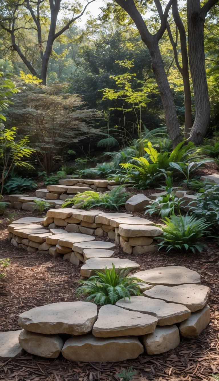 A peaceful woodland garden with curved stone sitting walls surrounded by trees, ferns, and wildflowers.