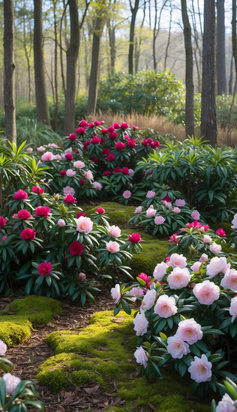 A woodland garden with blooming dwarf camellias and Ramapo rhododendrons surrounded by green foliage and trees.
