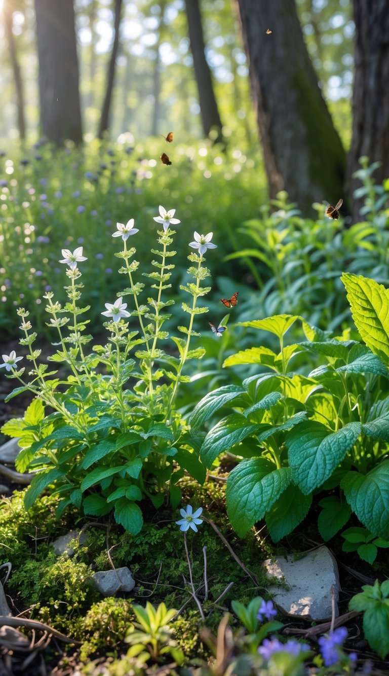 A sunlit woodland garden with Sweet Woodruff and lemon balm plants surrounded by small butterflies, bees, and birds among trees and wildflowers.