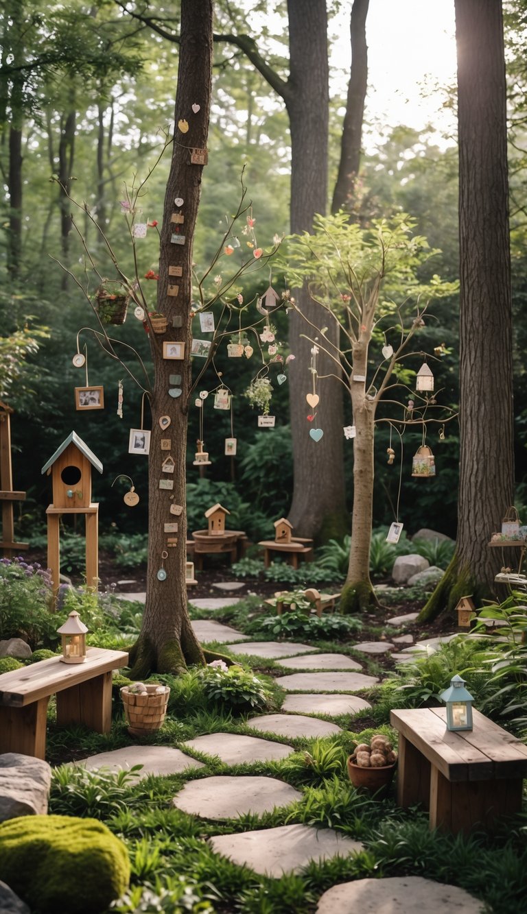 A peaceful woodland garden with trees decorated with personal mementos, surrounded by greenery, flowers, and rustic garden decorations.