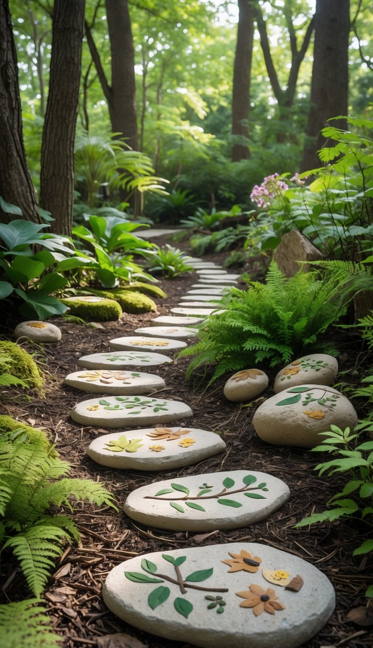 A woodland garden path lined with handmade stepping stones and painted rocks surrounded by green plants and trees.