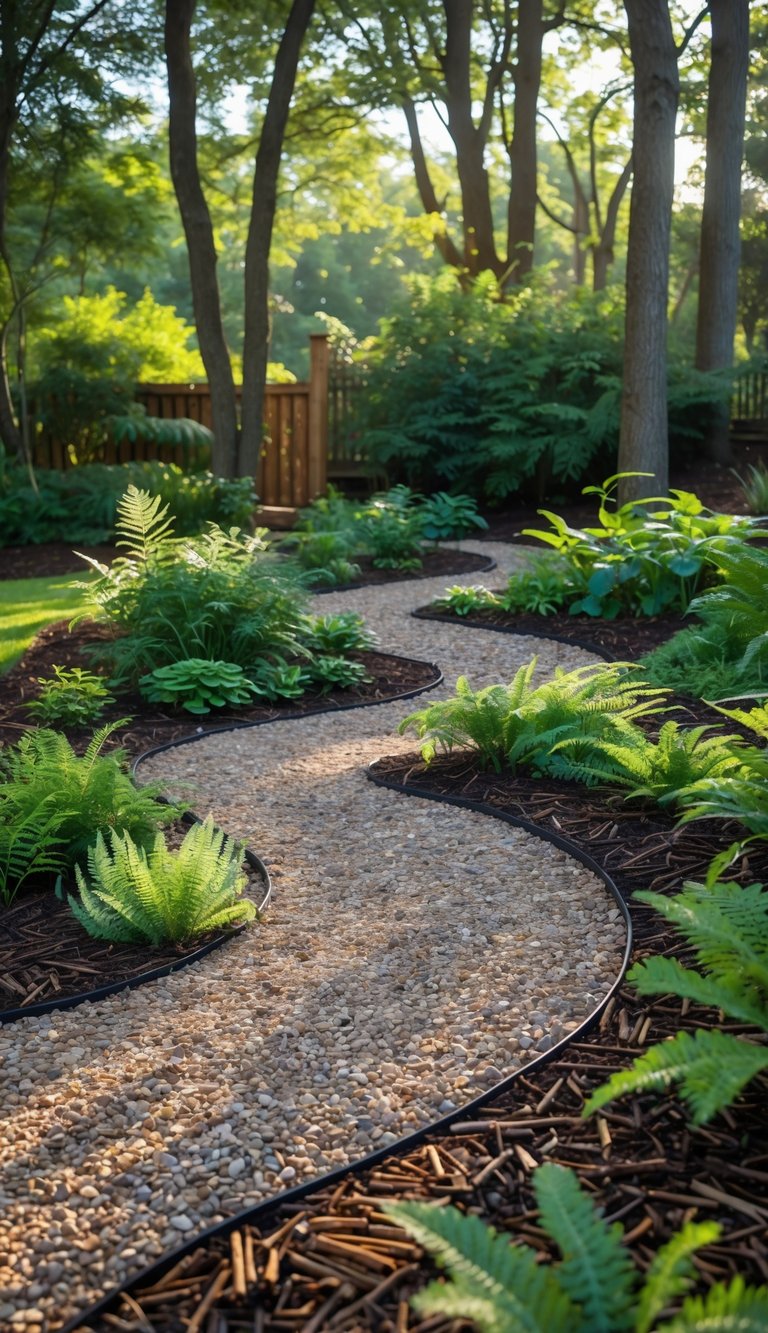 A woodland garden with winding paths made of bark and gravel surrounded by green plants and trees.