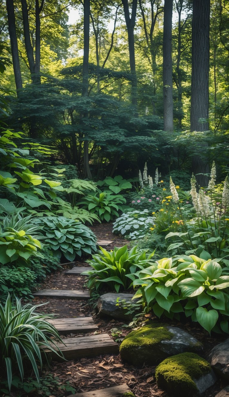 A woodland garden with various shade-tolerant plants under trees, featuring dappled sunlight filtering through the leaves onto green foliage and a wooden path.