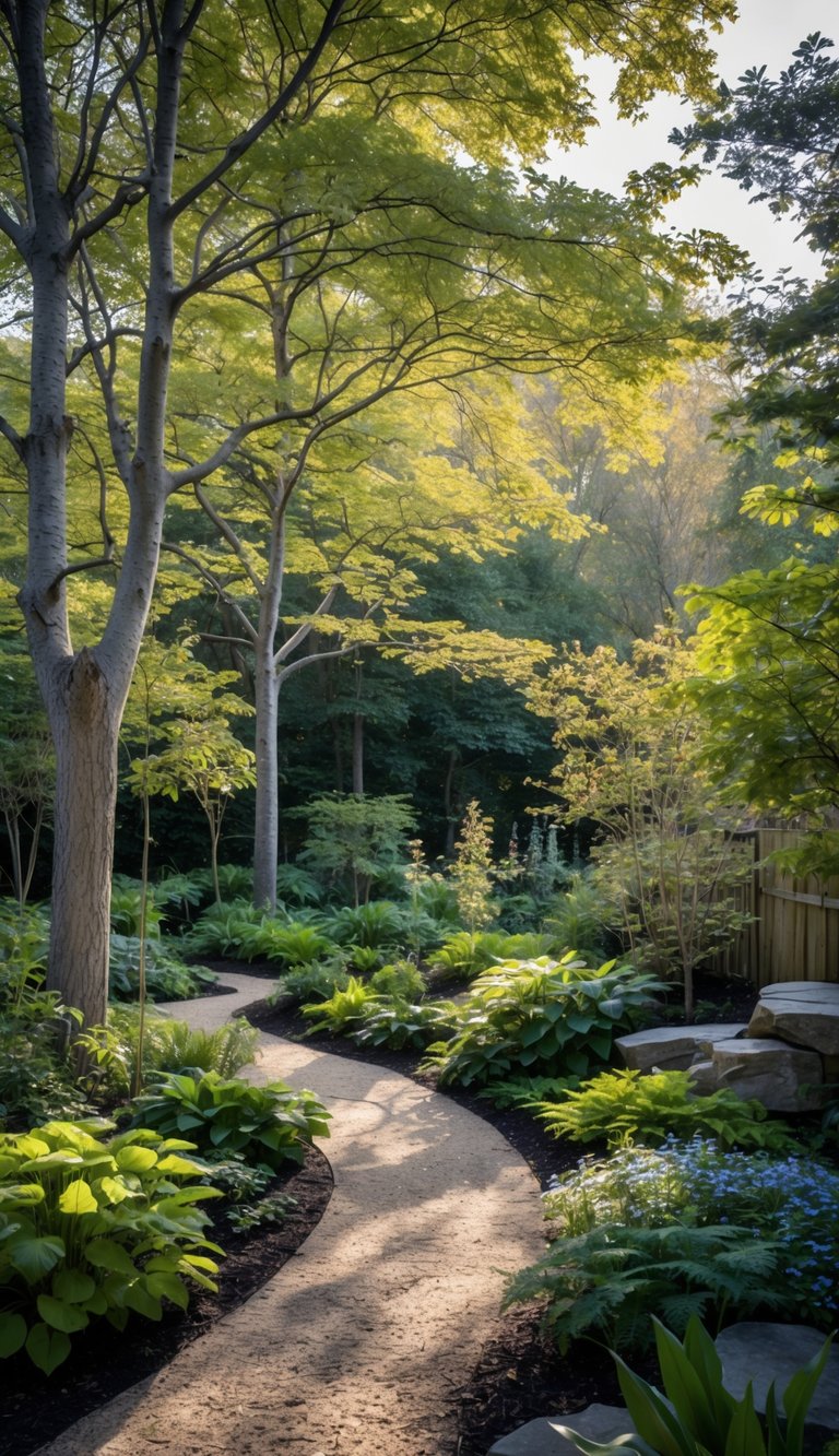 A peaceful woodland garden with deciduous trees and sunlight filtering through, illuminating plants and natural ground cover beneath.