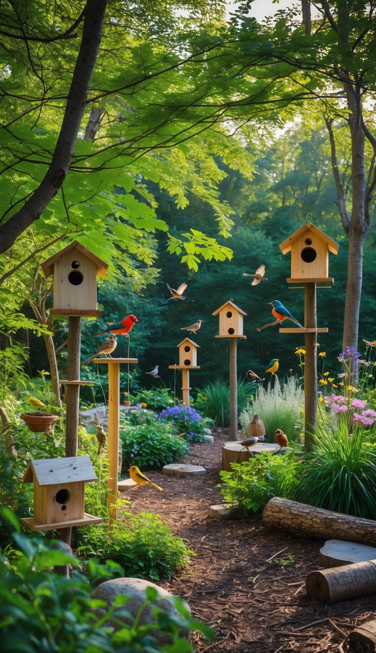 A woodland garden with bird feeders and birdhouses surrounded by green trees and plants, with birds perched and flying nearby.