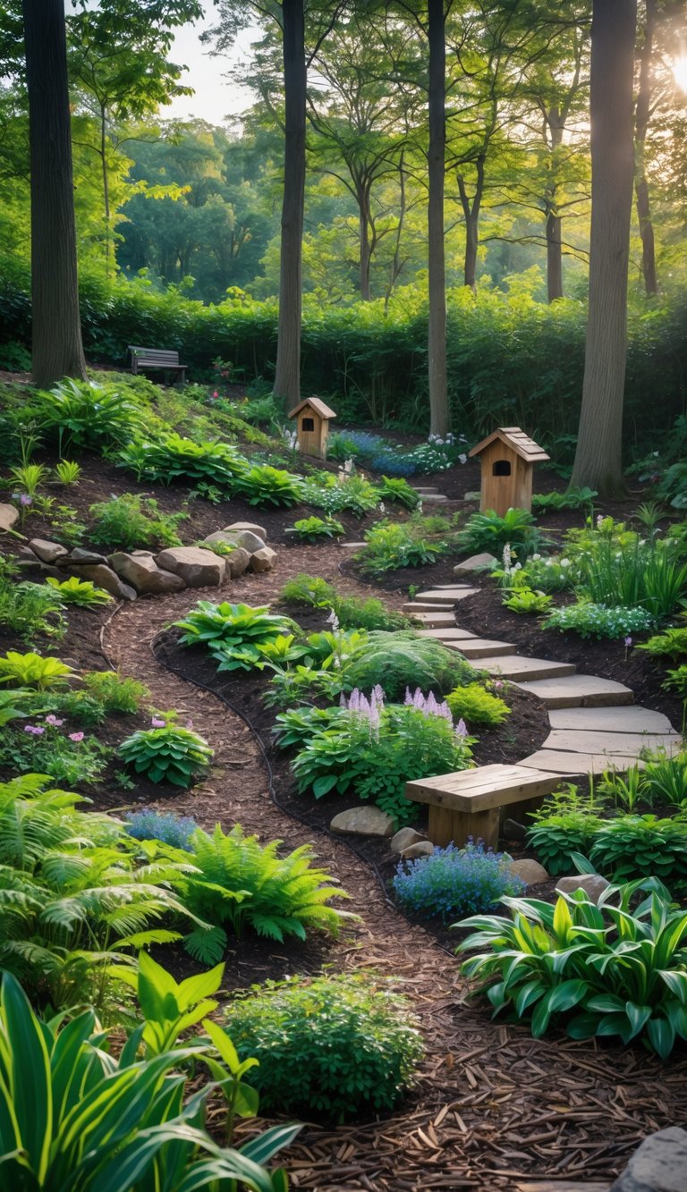 A peaceful woodland garden with various plants growing in shaded and sunny spots beneath tall trees, featuring natural paths and small garden decorations.