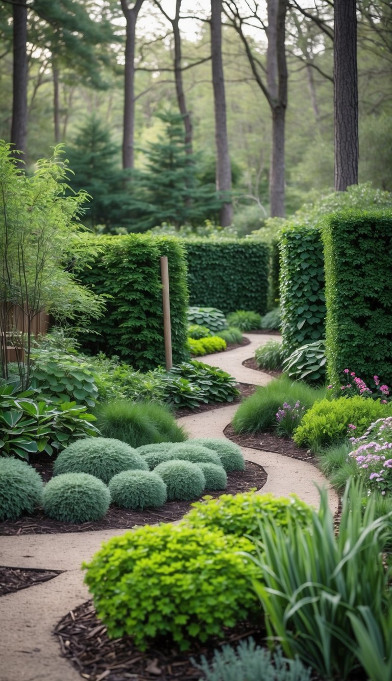 A woodland garden with compact shrubs arranged to create privacy and separate garden areas, surrounded by trees and greenery.