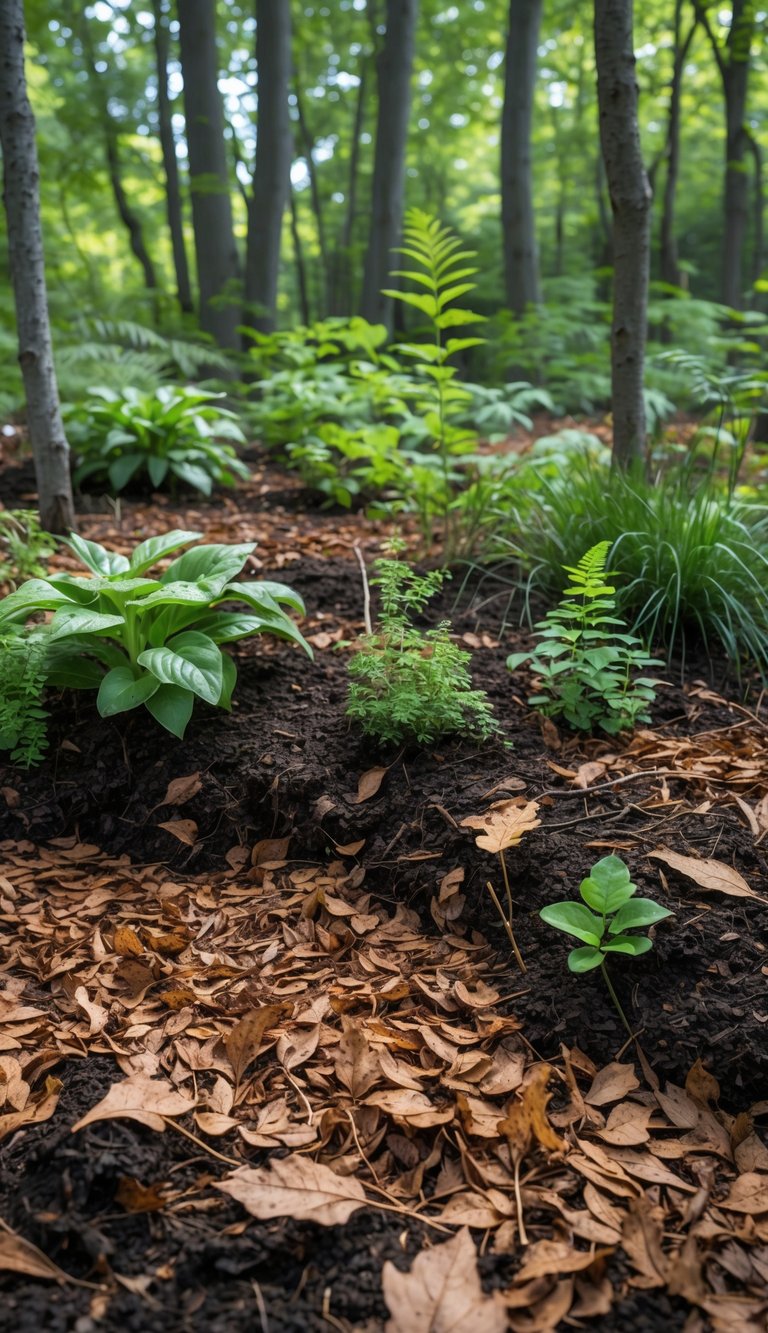 Close-up of soil covered with leaf mulch surrounded by green plants in a woodland garden.