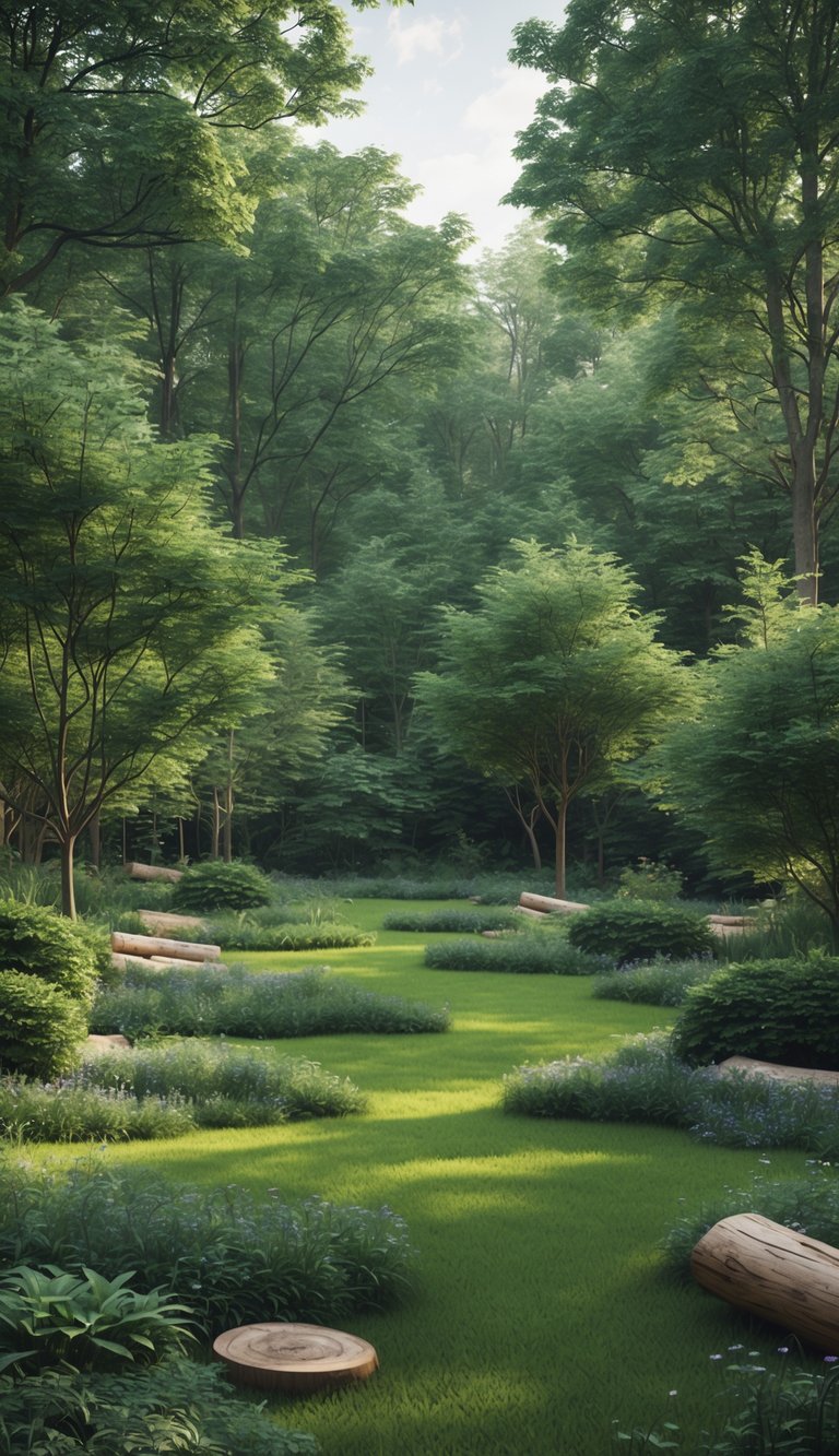 A peaceful woodland garden with small open clearings surrounded by dense trees and shrubs, sunlight filtering through the leaves.