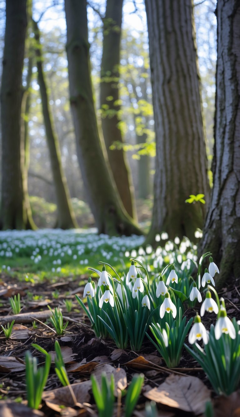 White snowdrop flowers blooming beneath tall trees in a woodland garden during early spring.