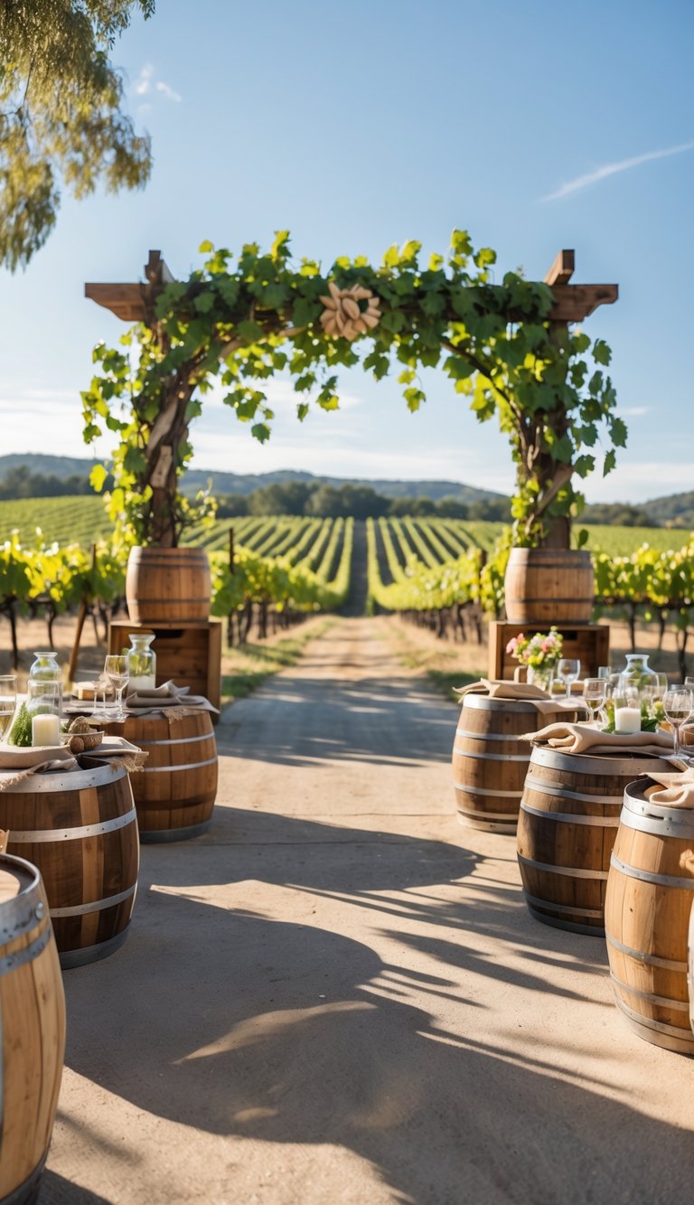 Outdoor vineyard wedding setup with wooden decorations, grapevines, and tables arranged for a celebration under a clear sky.