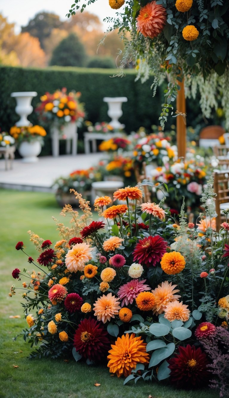 An outdoor garden wedding setting with colorful seasonal flowers and green plants arranged around tables and chairs.