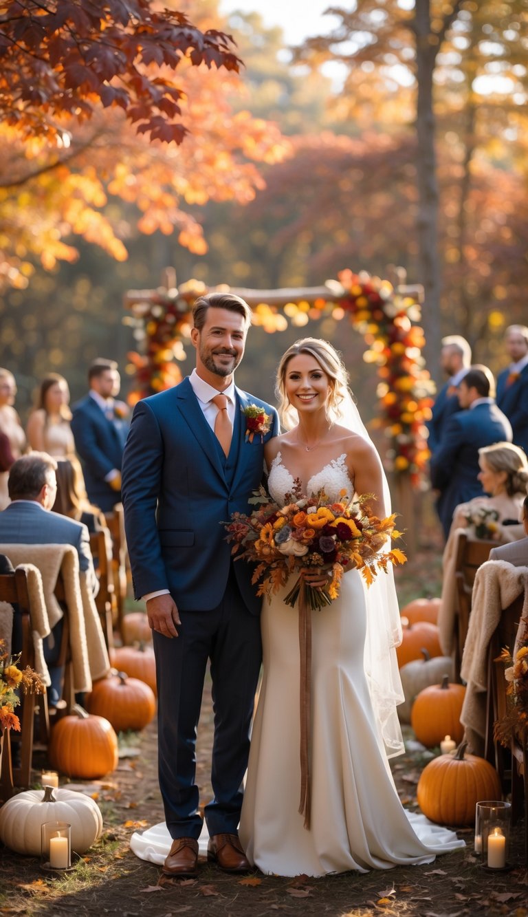 A bride and groom standing outdoors surrounded by colorful autumn trees and guests seated nearby at a wedding ceremony.