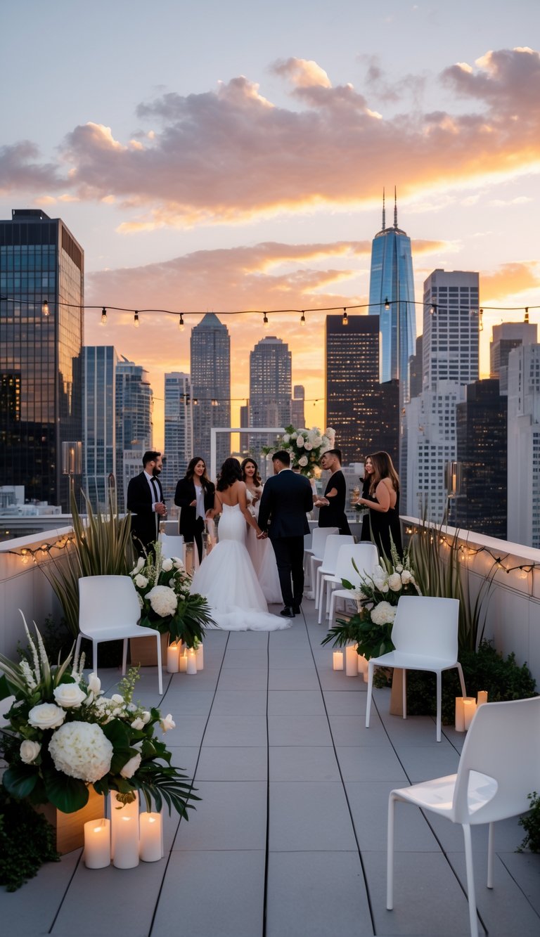 A rooftop wedding with guests and a city skyline at sunset, featuring simple white chairs and floral decorations.