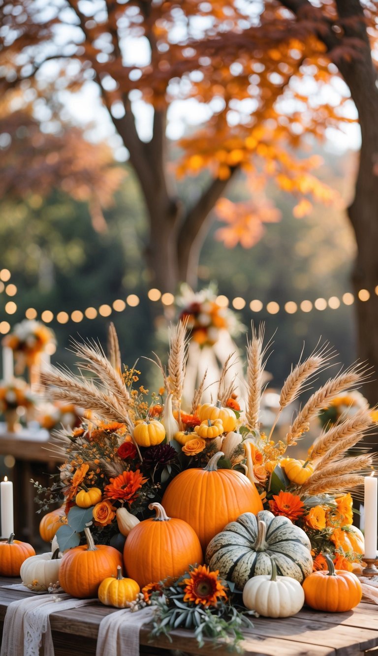 A table outdoors decorated with pumpkins, gourds, and wheat stalks surrounded by autumn trees with colorful leaves.