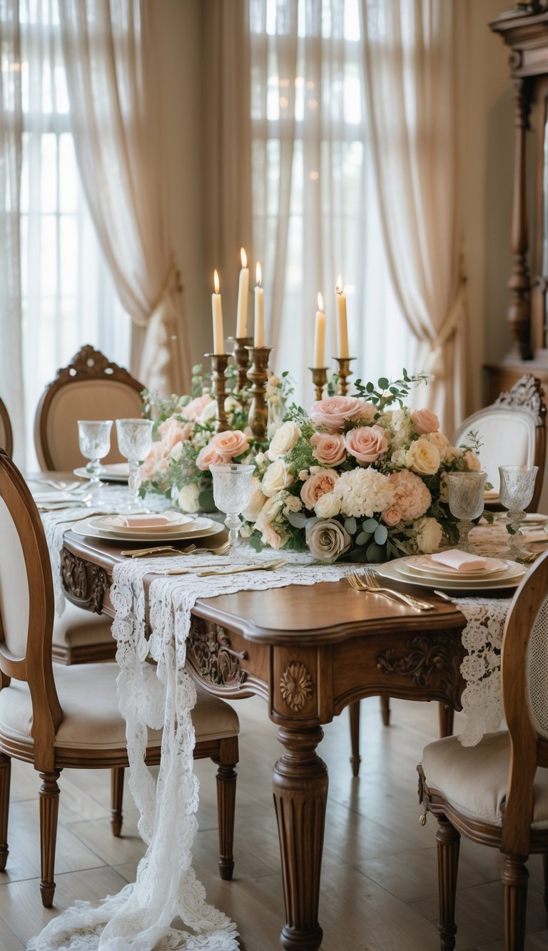 A wedding scene with antique wooden furniture, lace tablecloths, floral centerpieces, and lit candles in a softly lit room.