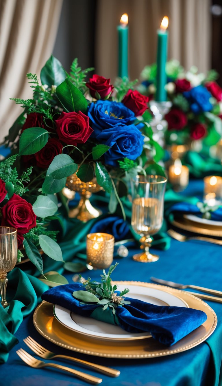 A wedding table decorated with green, red, and blue flowers, elegant tableware, and soft lighting.