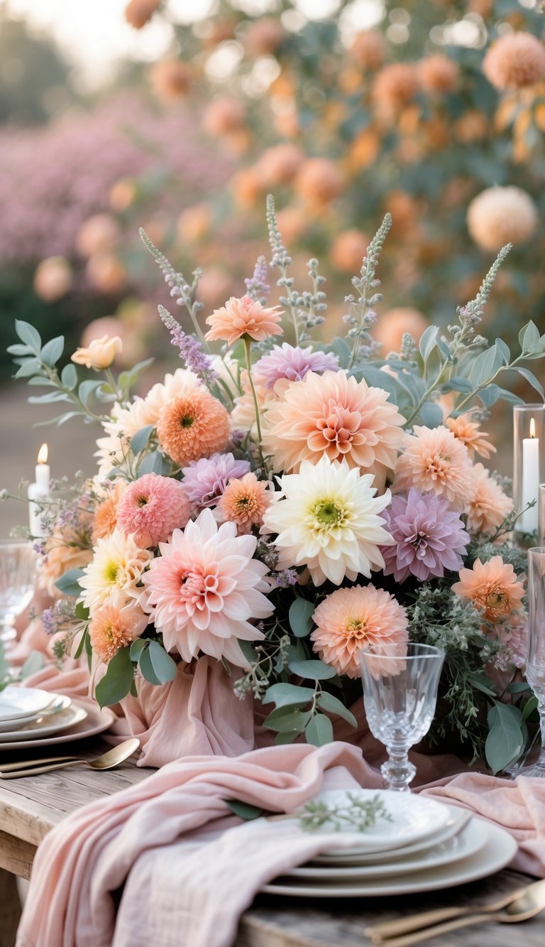 A wedding table set outdoors with pastel-colored autumn flowers, candles, and elegant tableware.