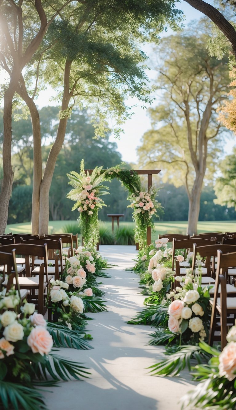 An outdoor wedding ceremony aisle decorated with natural leaves and pastel flowers surrounded by trees and wooden chairs.