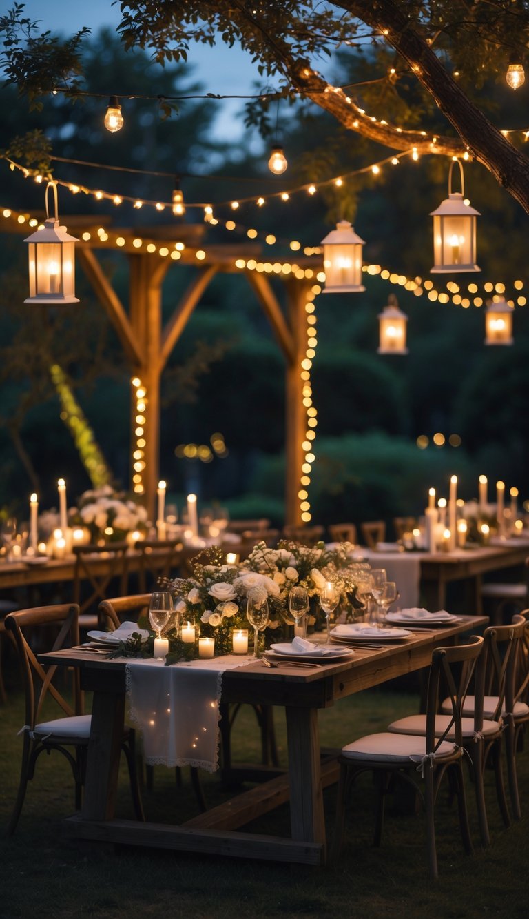 Outdoor wedding scene with fairy lights and lanterns creating a warm, romantic evening ambiance around a decorated table.