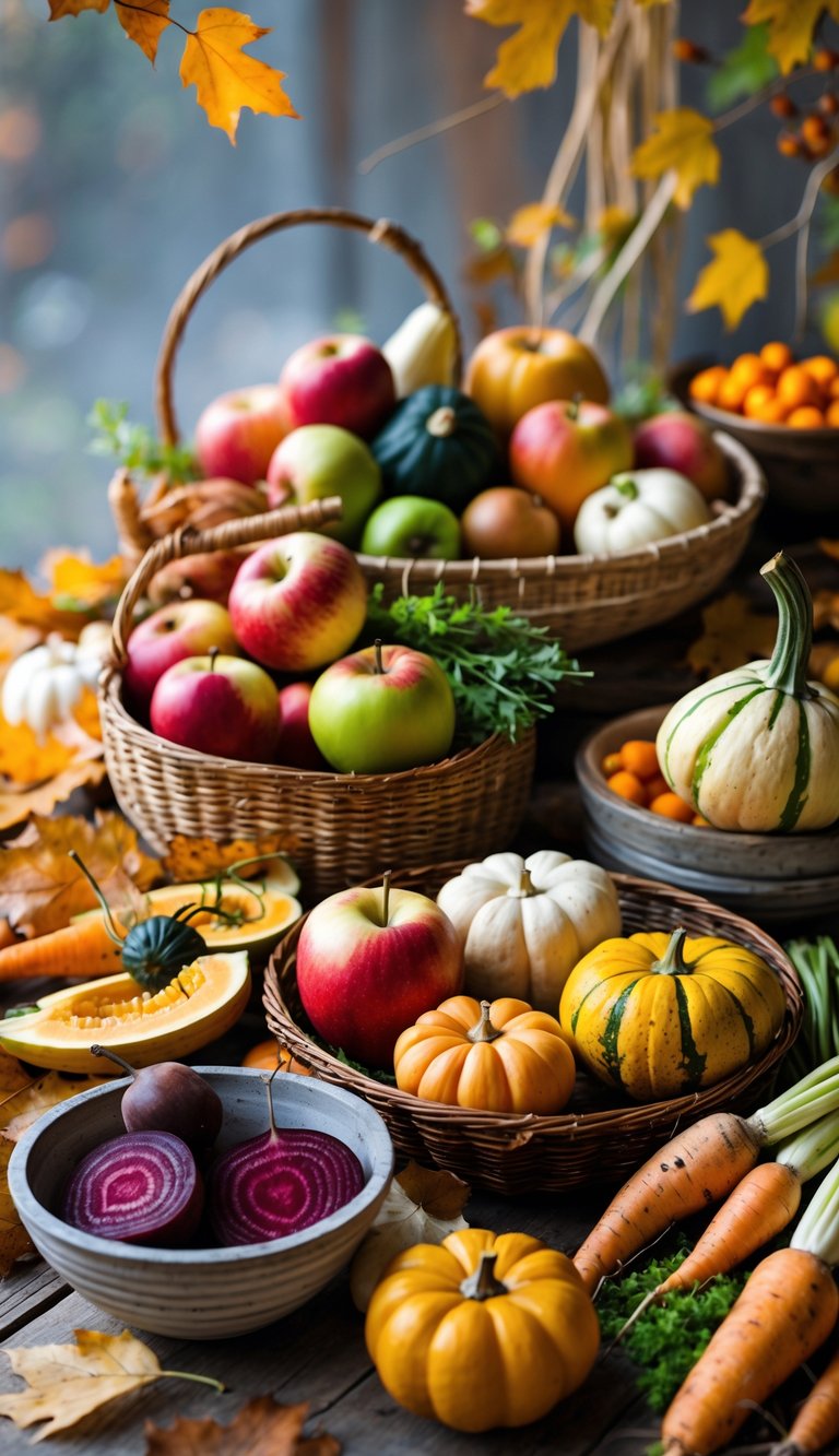 A table with fresh apples, squash, and root vegetables arranged in baskets and bowls with autumn leaves.