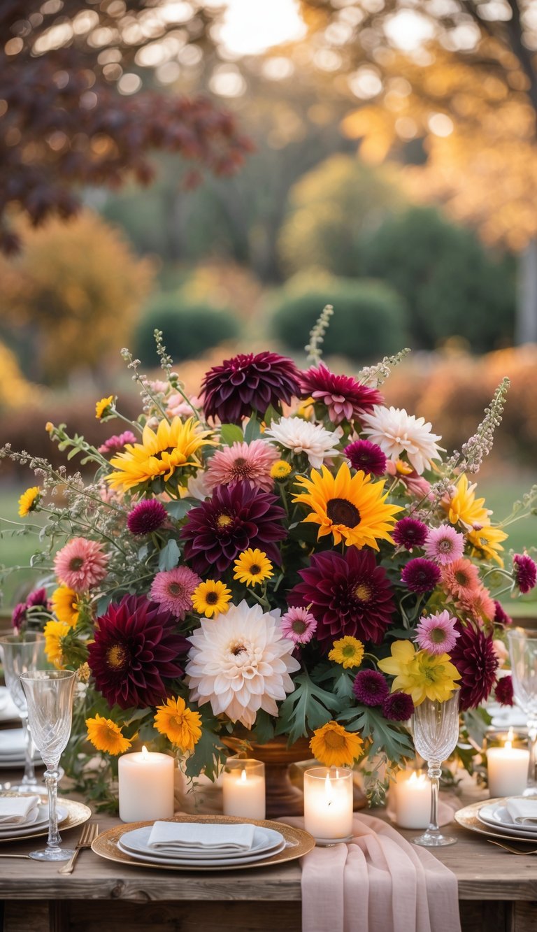 A wedding table decorated with seasonal flowers including dahlias, sunflowers, and asters, set outdoors with soft sunlight and autumn colors.