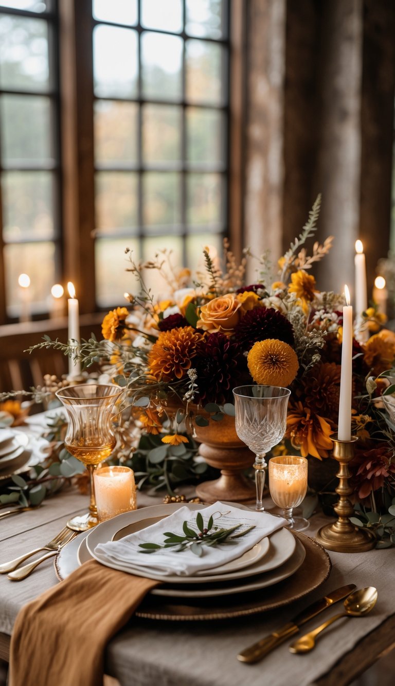 A wedding table decorated with flowers in burnt orange, mustard yellow, and burgundy, featuring candles and rustic wooden elements in a softly lit room.