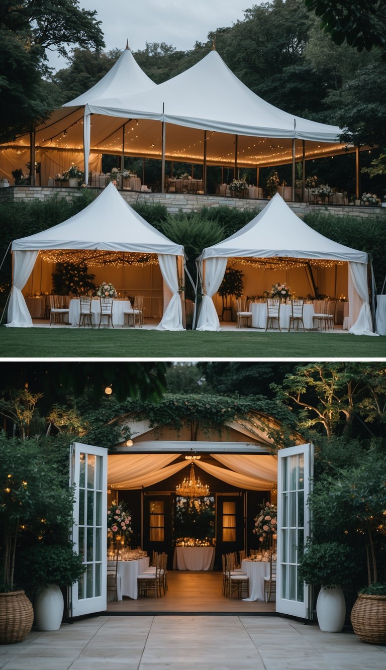 Outdoor wedding tents set up on a green lawn with an indoor space prepared nearby as a weather backup.
