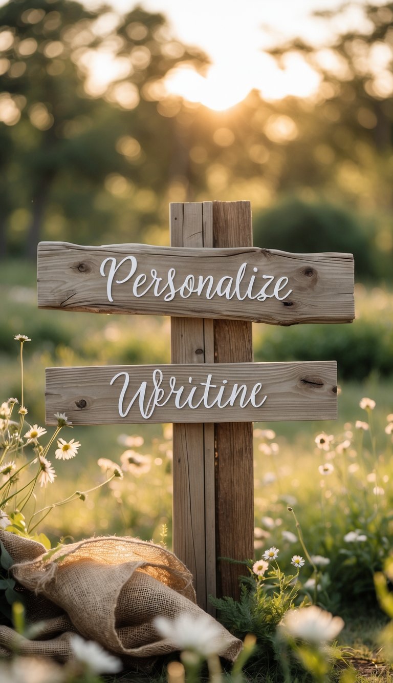 A wooden sign with rustic details displayed outdoors among wildflowers and greenery in a sunlit garden setting.