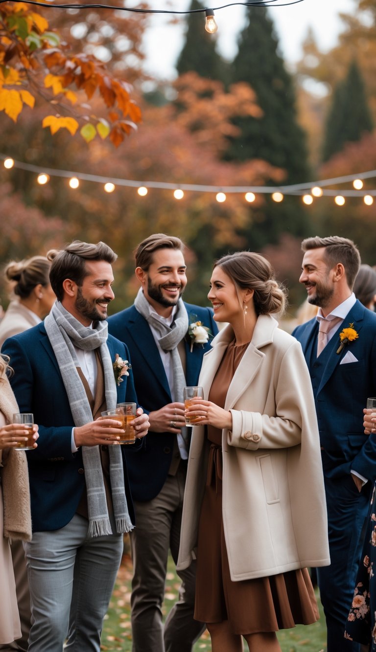 A group of wedding guests outdoors wearing a mix of casual and elegant cooler-weather clothing, standing and socializing among autumn trees.