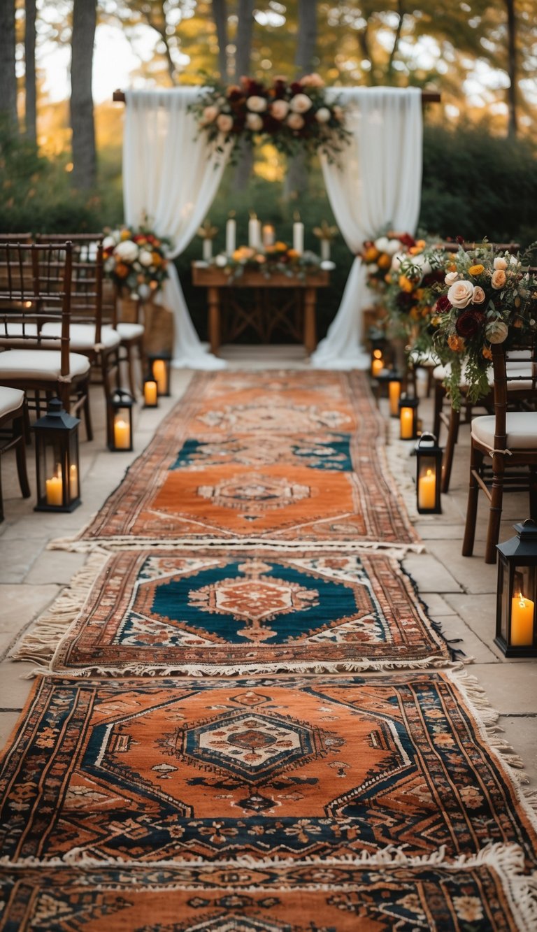 Wedding ceremony and reception area decorated with layered vintage rugs and textiles, wooden furniture, and floral arrangements.