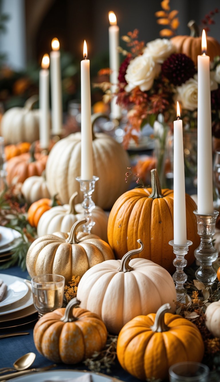 A wedding table decorated with pumpkin centerpieces and candle arrangements surrounded by autumn flowers and greenery.
