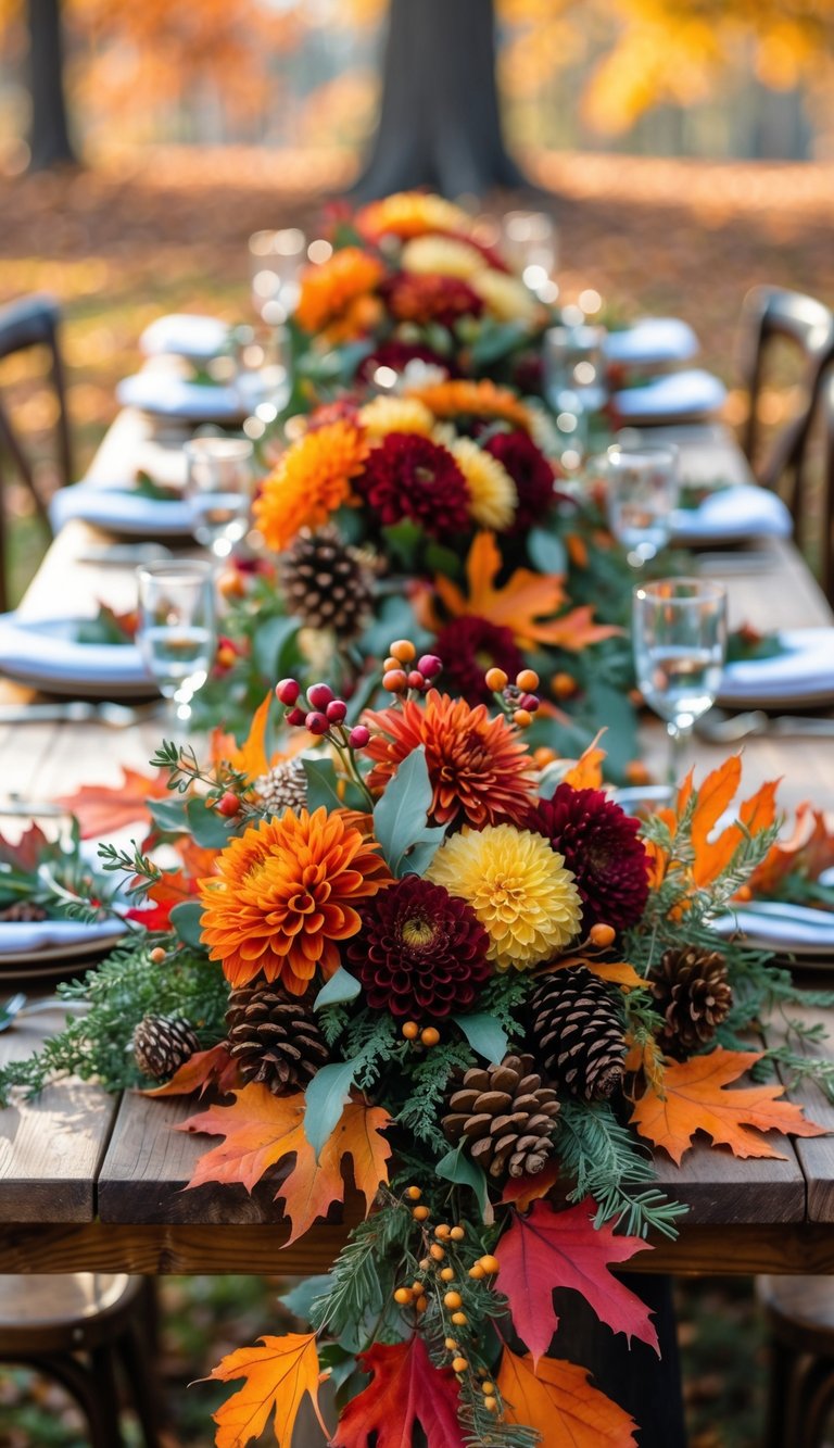 A wedding table decorated with colorful fall leaves and floral bouquets in autumn colors.