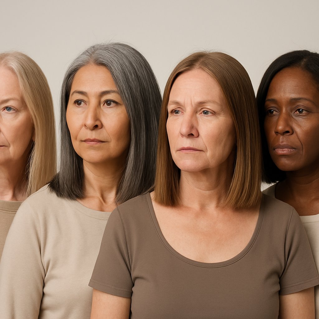 Portrait of several mature women with shoulder-length hair standing against a plain background.