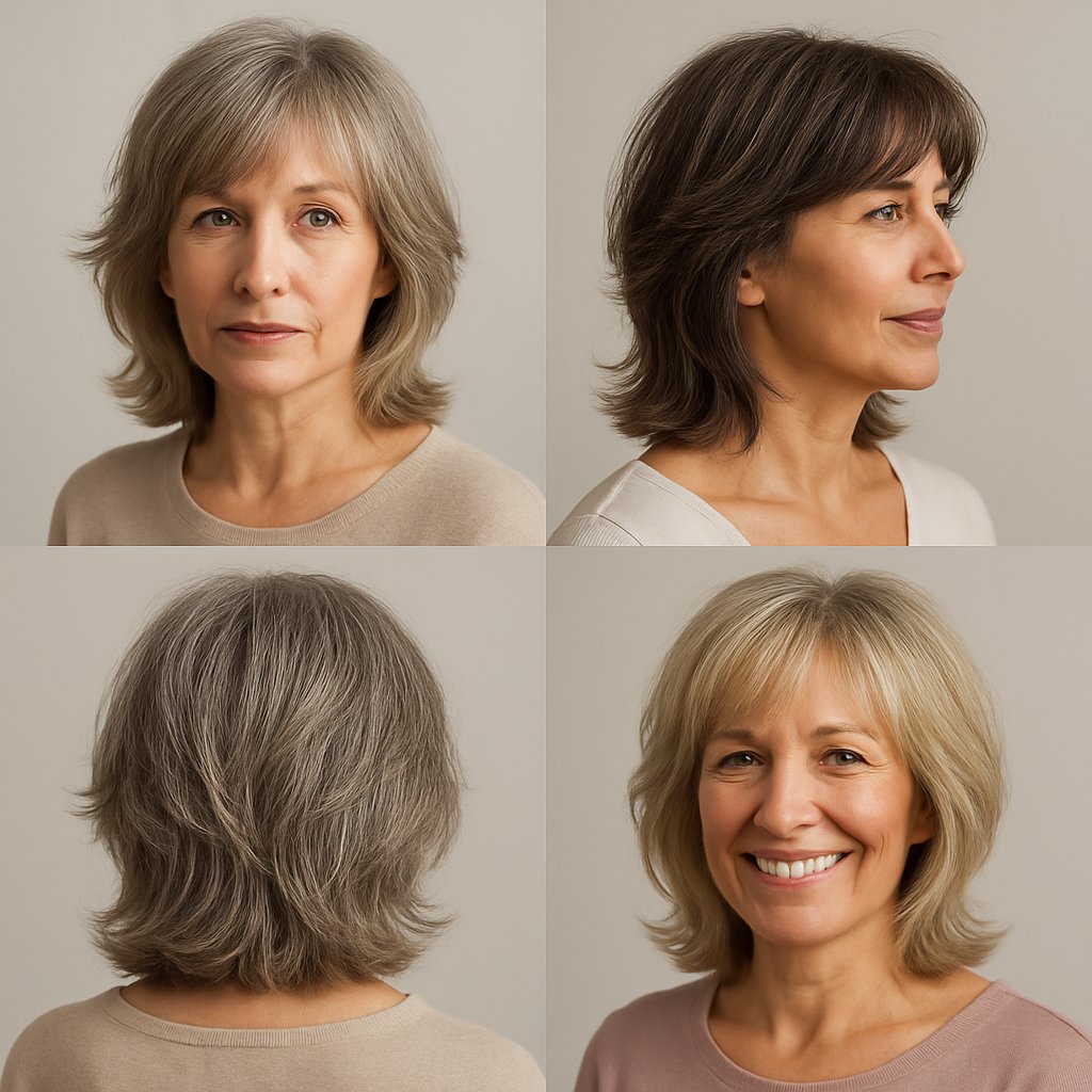 A group of mature women with shoulder-length layered hairstyles posing in a studio setting.
