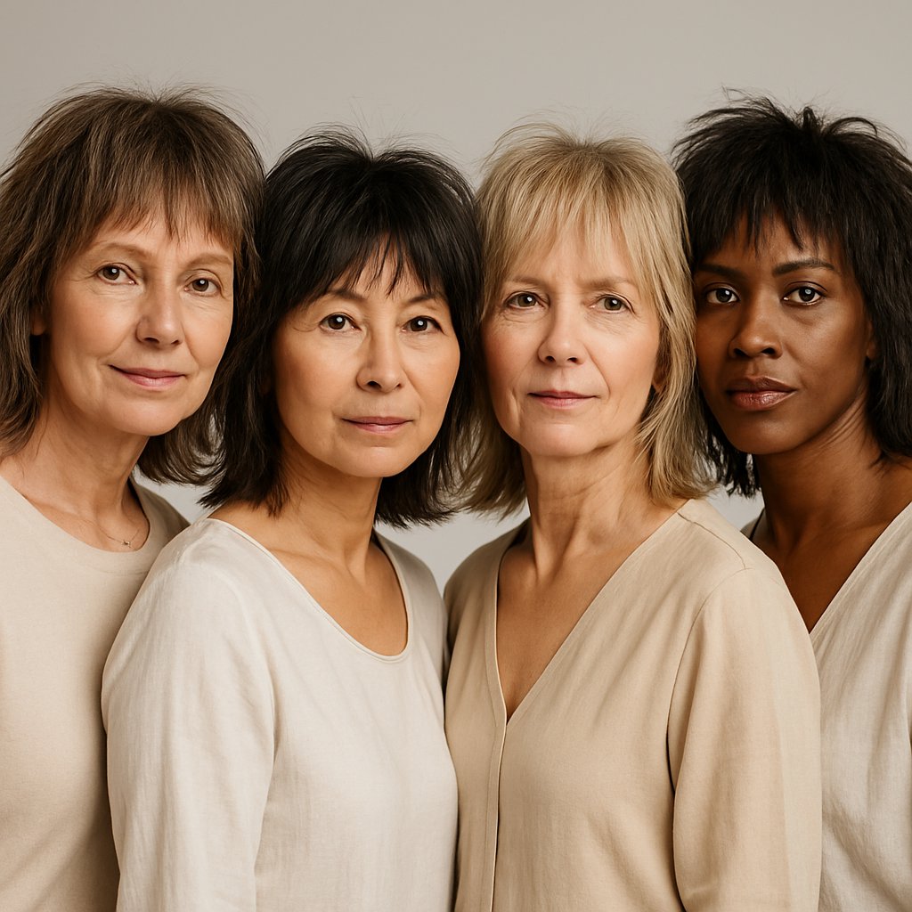 A group of mature women with shoulder-length hairstyles showing textured, layered hair, standing together against a plain background.
