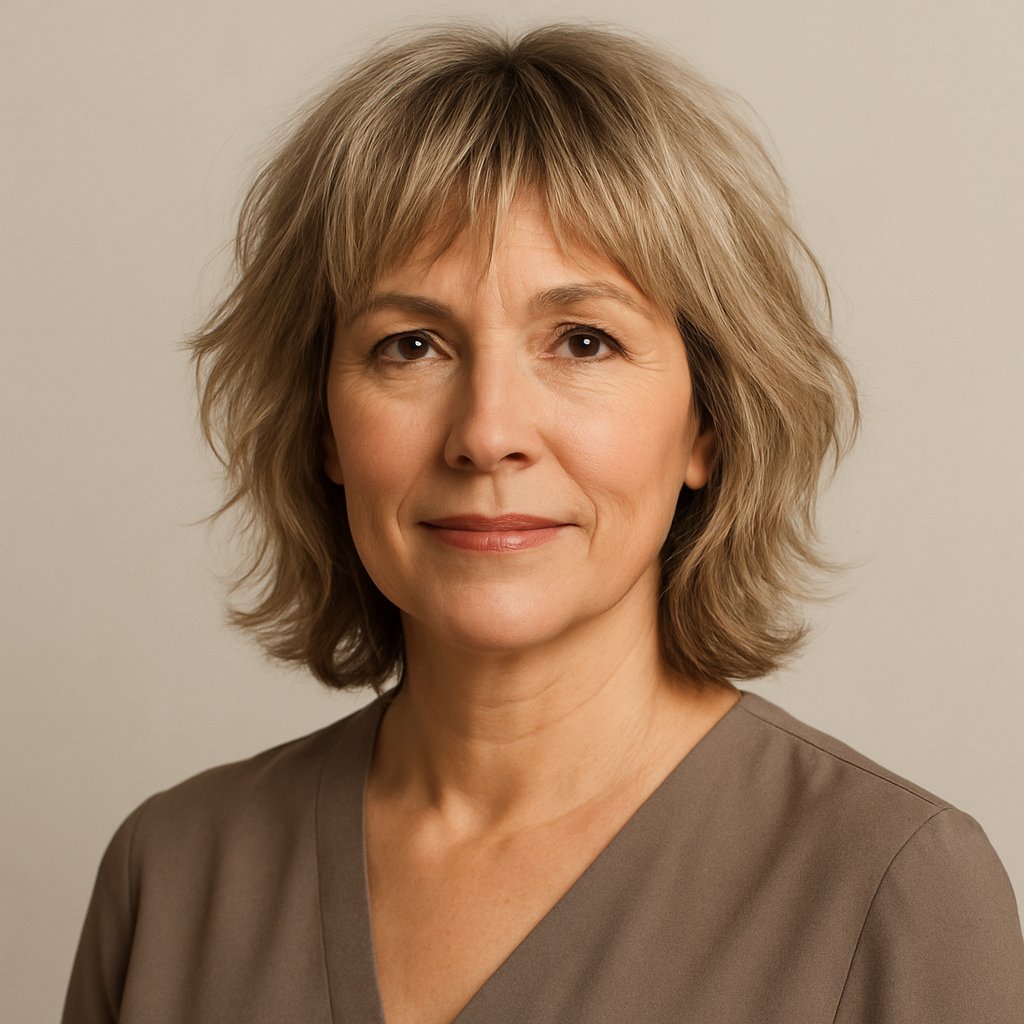A mature woman with shoulder-length hair posing against a plain background, looking confident and approachable.