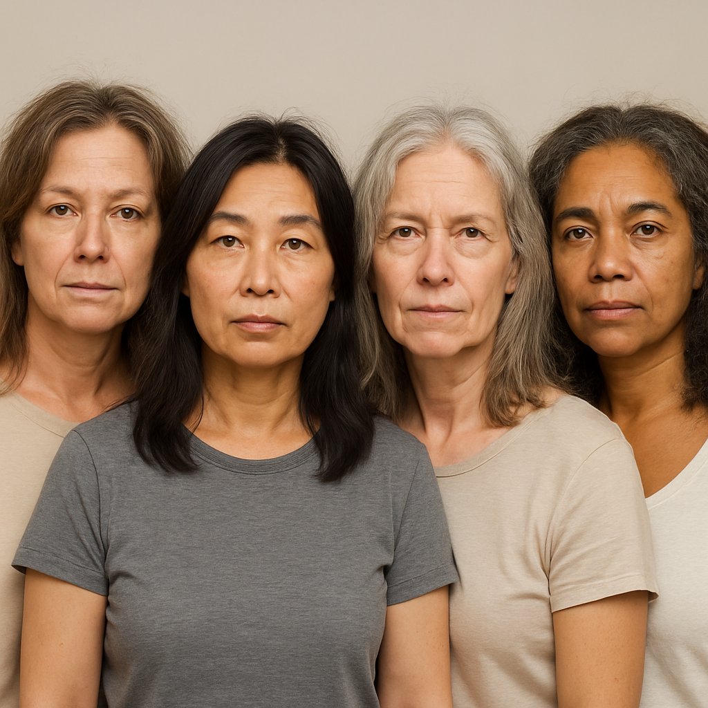 A group of women over 45 with shoulder-length, unstyled hair standing against a plain background.