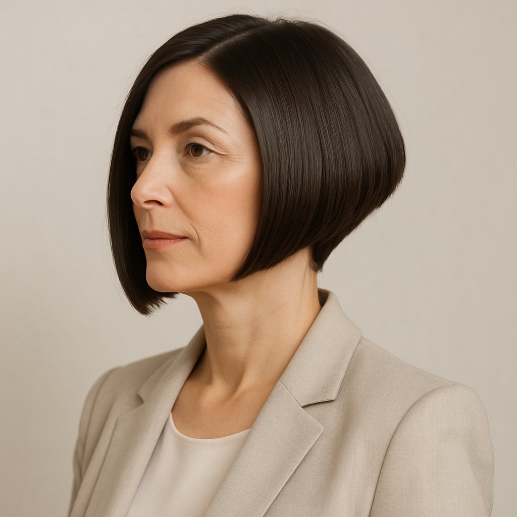 A woman over 45 with shoulder-length hair posing confidently against a plain background.