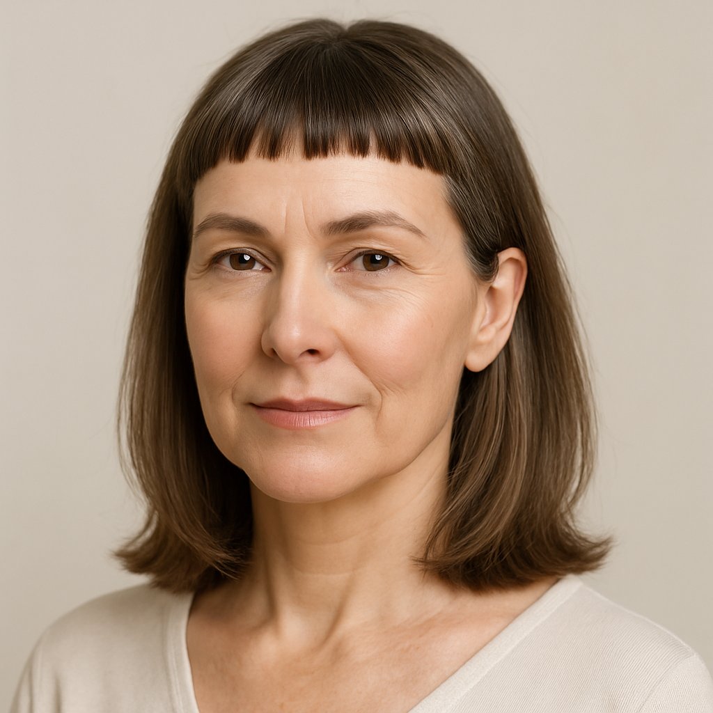Portrait of a mature woman with shoulder-length hair and short bangs, looking confidently at the camera against a plain background.