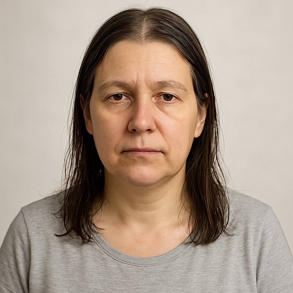 Middle-aged woman with shoulder-length hair parted in the middle, looking at the camera against a plain background.