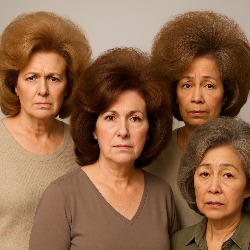 A group of middle-aged women with shoulder-length hair posing against a plain background.