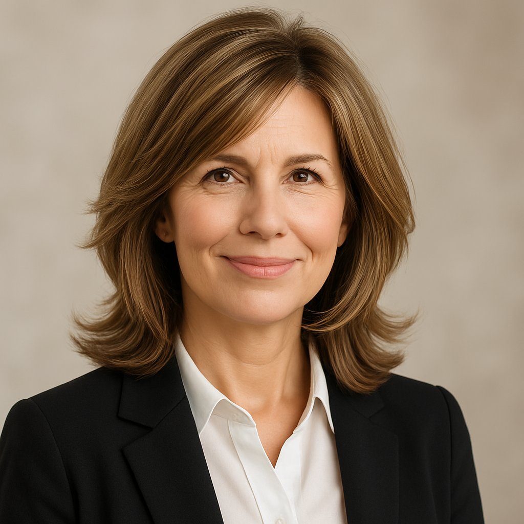 A smiling woman over 45 with shoulder-length layered hair standing against a neutral background.