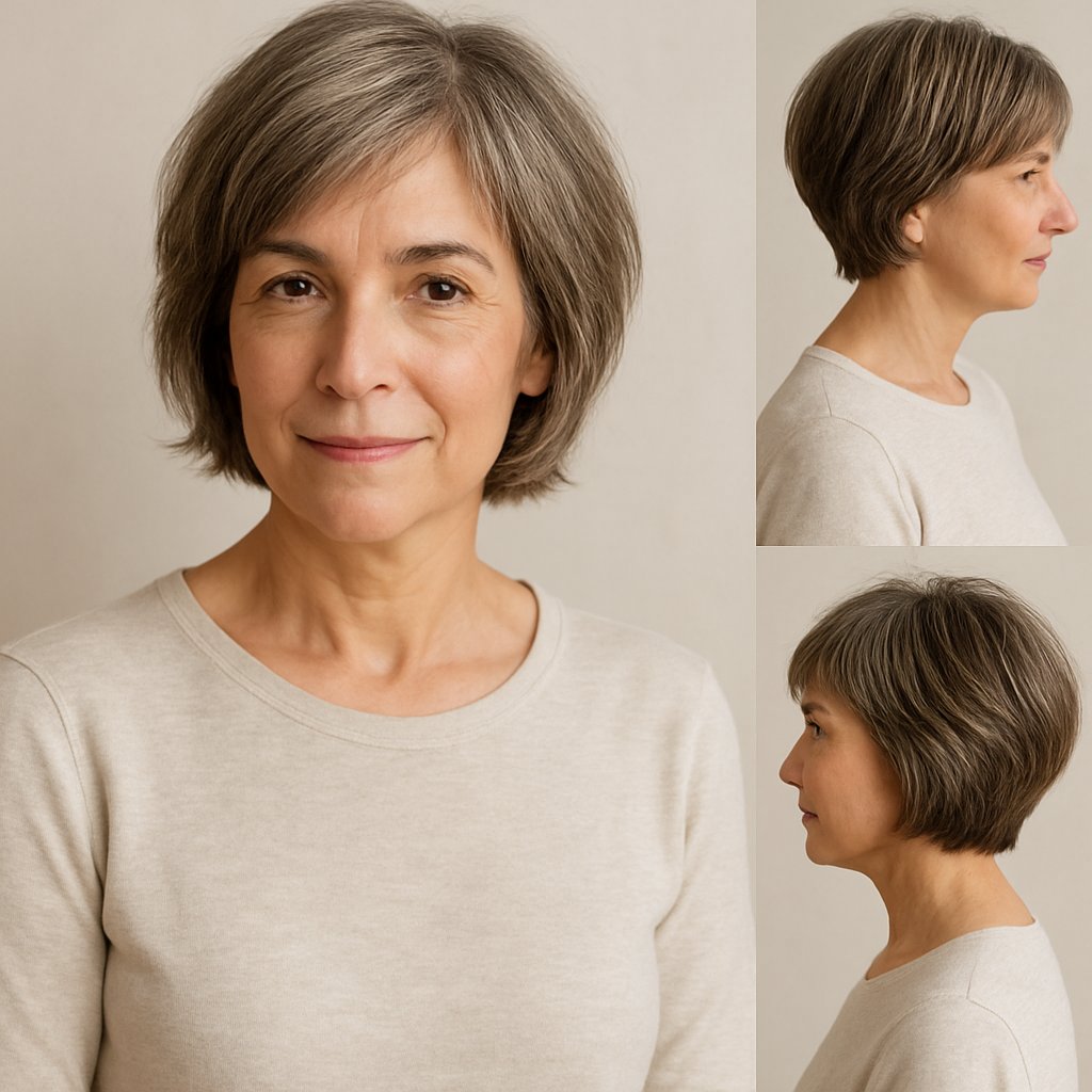 A mature woman with shoulder-length hair standing against a plain background, looking confidently at the camera.