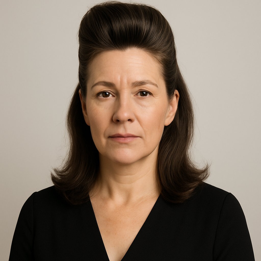 Portrait of a middle-aged woman with a voluminous hairstyle resting on her shoulders, looking at the camera against a plain background.