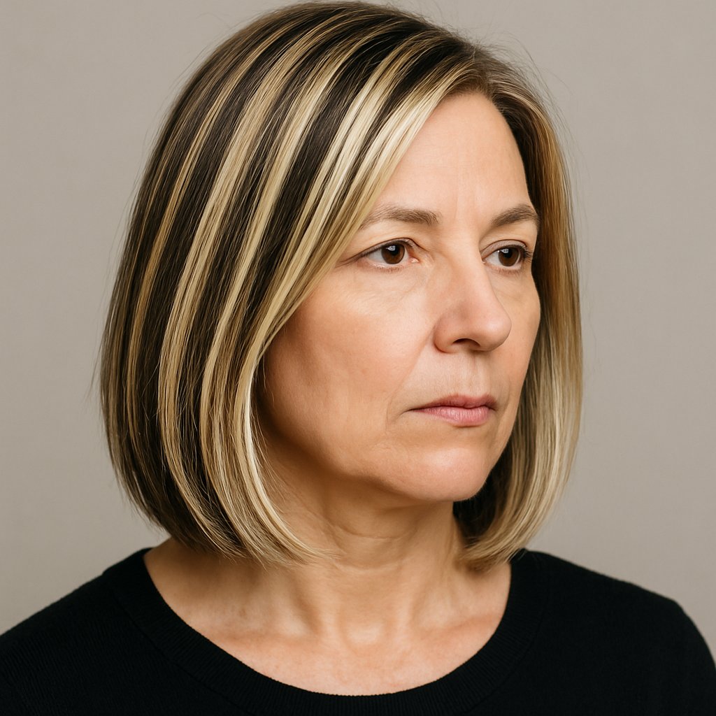 A mature woman with shoulder-length hair and highlighted strands, shown from the shoulders up against a plain background.