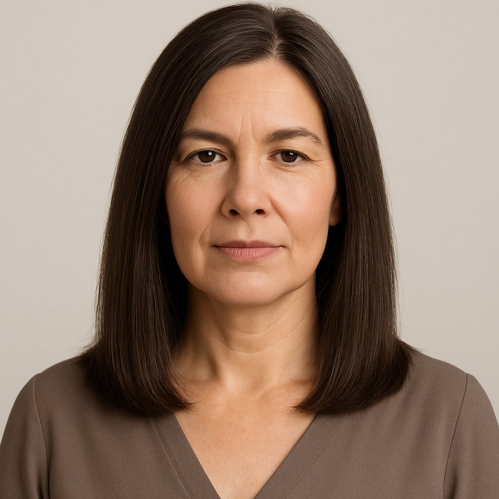 A woman in her late 40s with shoulder-length hair stands against a plain background, looking confidently at the camera.