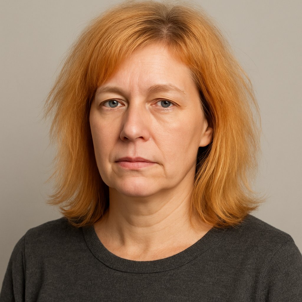A woman in her mid-40s with shoulder-length blonde hair standing against a plain background.