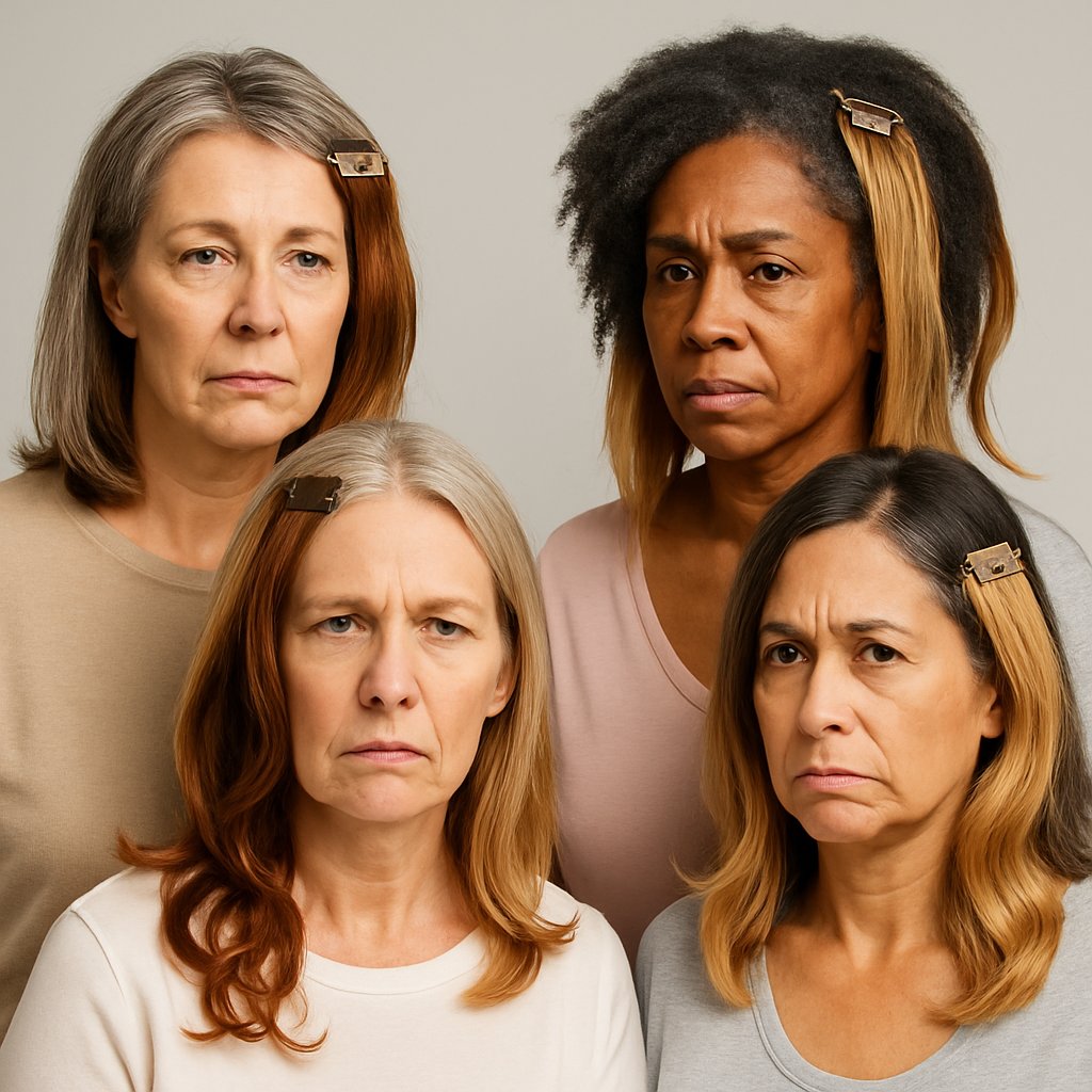 A group of women over 45 with shoulder-length hair wearing mismatched clip-on hair extensions in a studio setting.